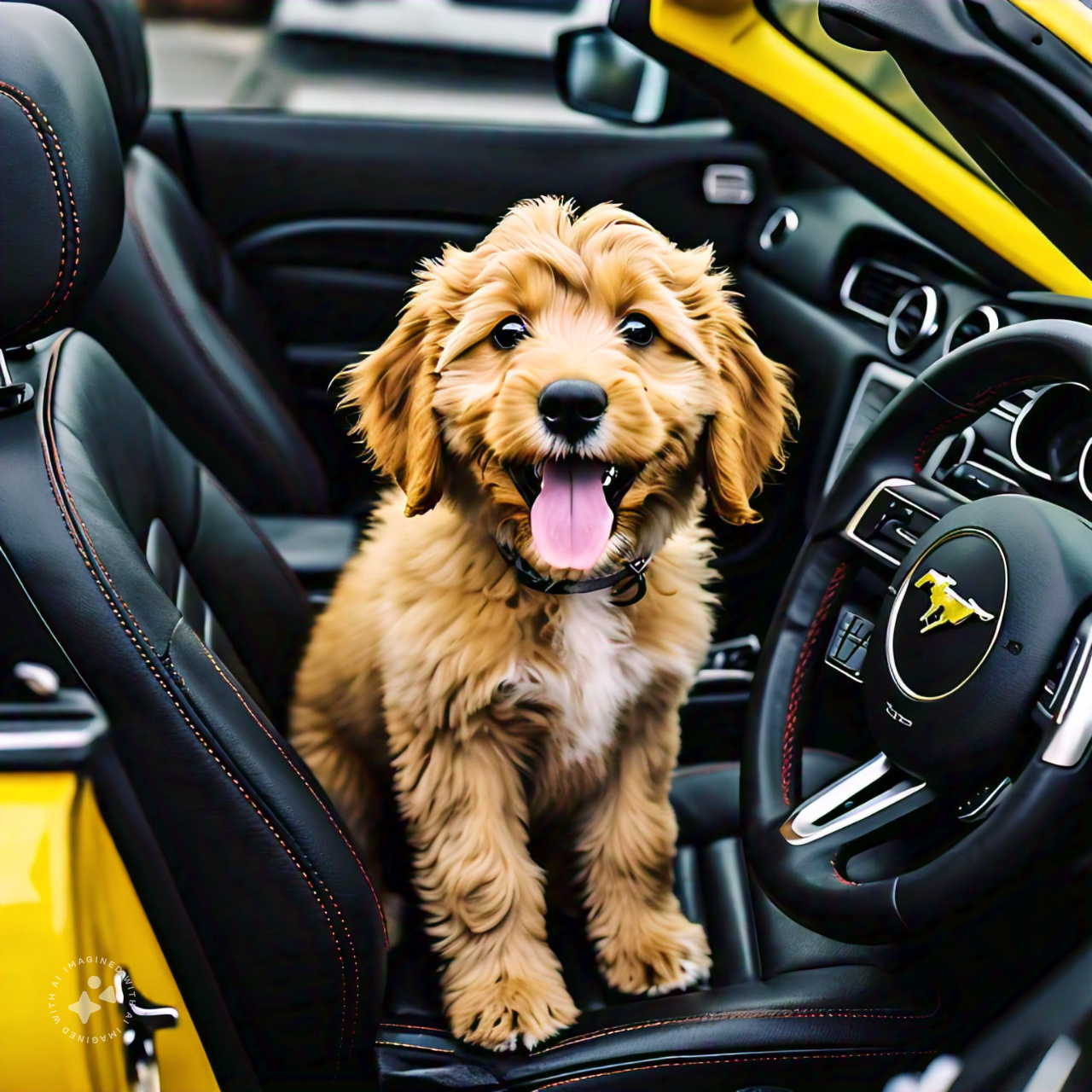 puppy_dog_driving_a_yellow_mustange